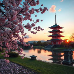 A serene and picturesque scene capturing the beauty of Japan, featuring a tranquil cherry blossom tree in full bloom, with delicate pink petals gently falling to the ground