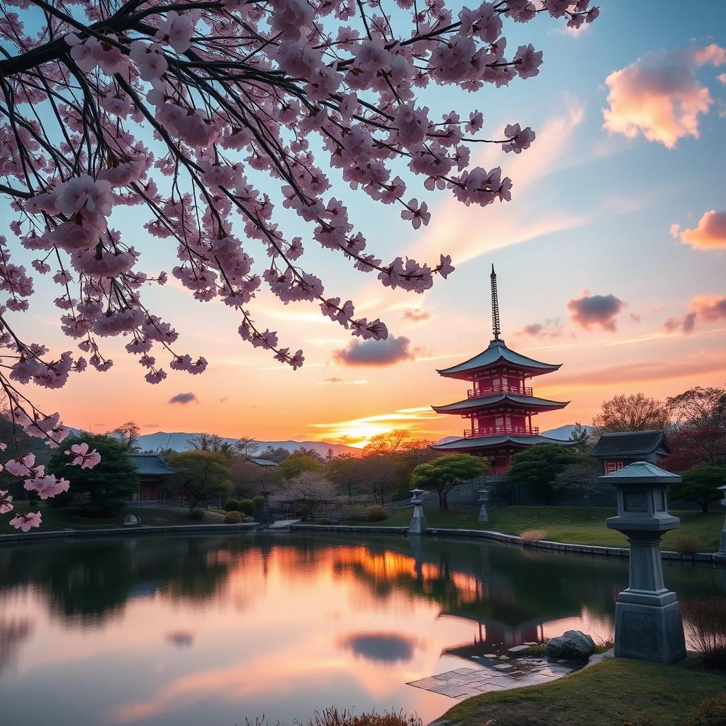 A serene and picturesque scene capturing the beauty of Japan, featuring a tranquil cherry blossom tree in full bloom, with delicate pink petals gently falling to the ground