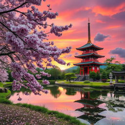 A serene and picturesque scene capturing the beauty of Japan, featuring a tranquil cherry blossom tree in full bloom, with delicate pink petals gently falling to the ground
