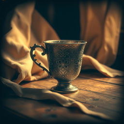 An aged and vintage image featuring a beautifully ornate cup, intricately designed with floral patterns and delicate engravings