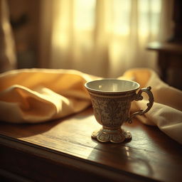 An aged and vintage image featuring a beautifully ornate cup, intricately designed with floral patterns and delicate engravings