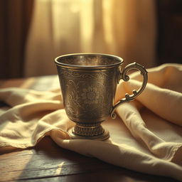 An aged and vintage image featuring a beautifully ornate cup, intricately designed with floral patterns and delicate engravings