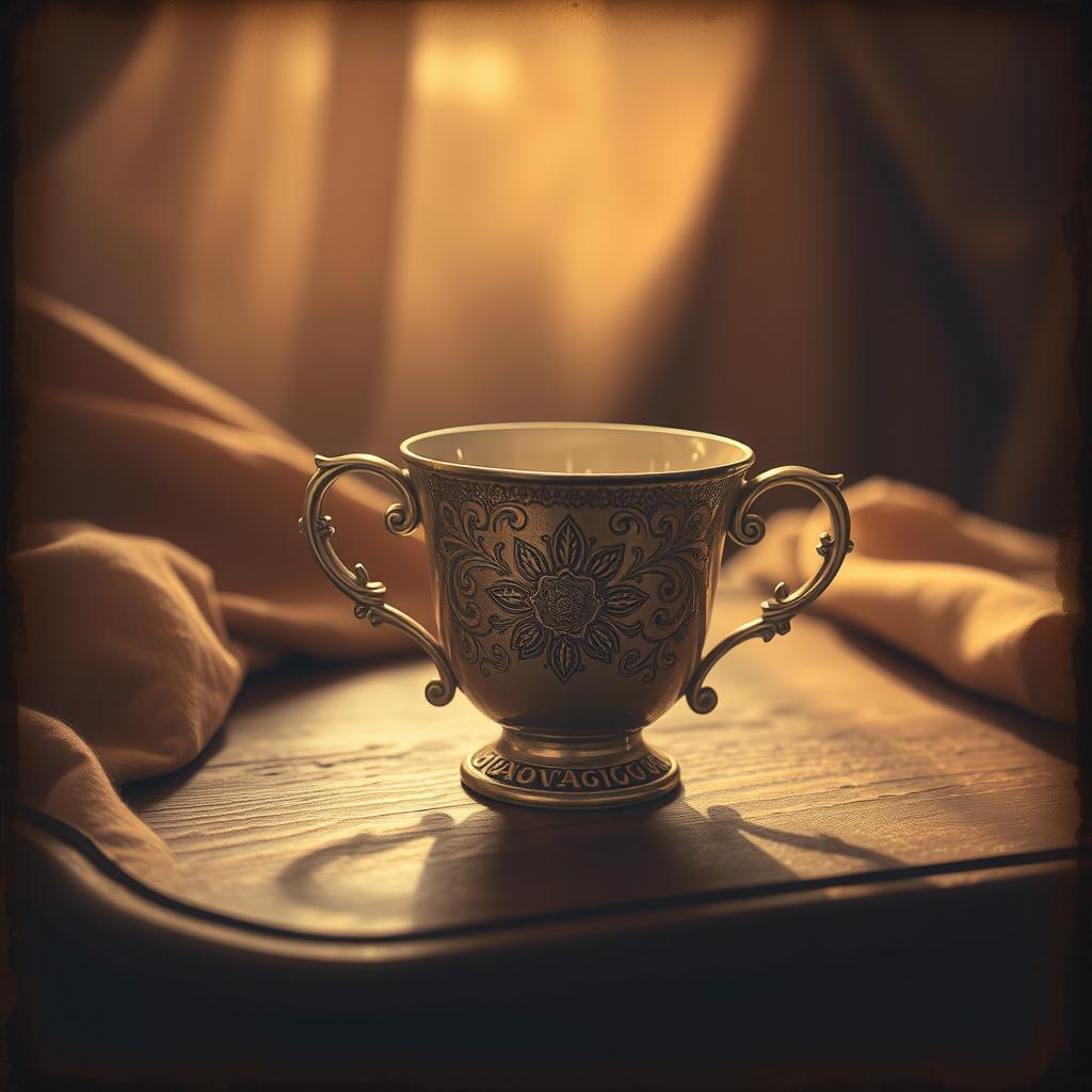 An aged and vintage image featuring a beautifully ornate cup, intricately designed with floral patterns and delicate engravings