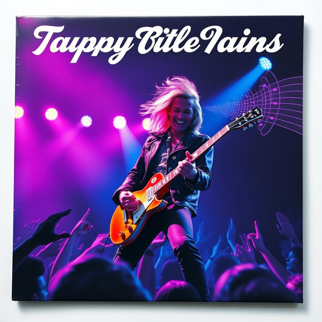 A vibrant and dynamic album cover featuring a musician passionately playing an electric guitar on stage