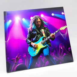 A vibrant and dynamic album cover featuring a musician passionately playing an electric guitar on stage