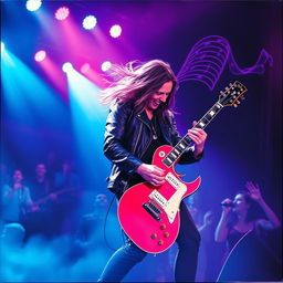 A vibrant and dynamic album cover featuring a musician passionately playing an electric guitar on stage