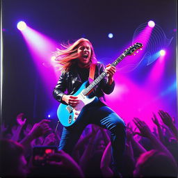 A vibrant and dynamic album cover featuring a musician passionately playing an electric guitar on stage