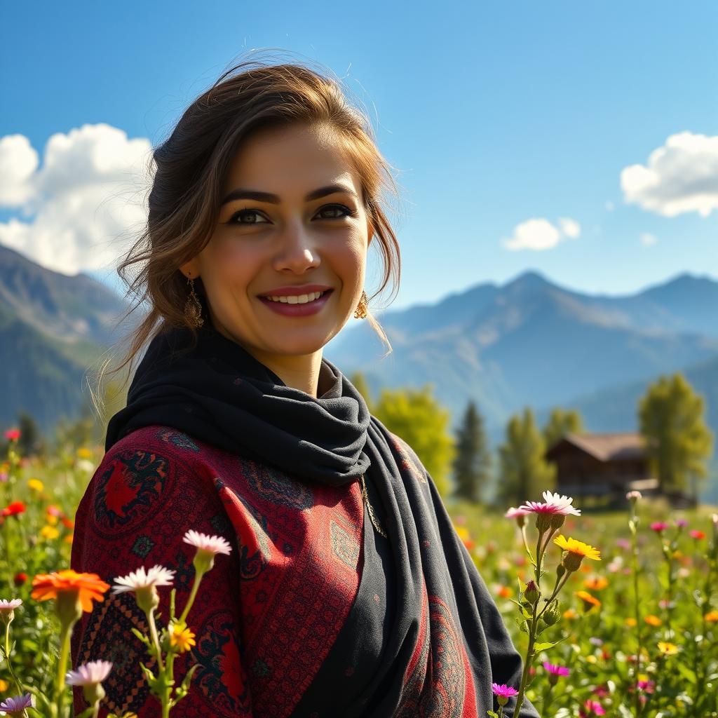 A beautiful portrait of a woman in traditional Kashmiri attire, surrounded by vibrant greenery and stunning Himalayan mountains in the background