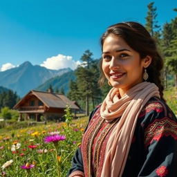 A beautiful portrait of a woman in traditional Kashmiri attire, surrounded by vibrant greenery and stunning Himalayan mountains in the background