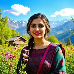 A beautiful portrait of a woman in traditional Kashmiri attire, surrounded by vibrant greenery and stunning Himalayan mountains in the background