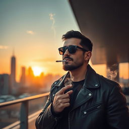 A man confidently smoking a cigarette, standing in an urban environment, with a stylish look that includes a leather jacket and sunglasses