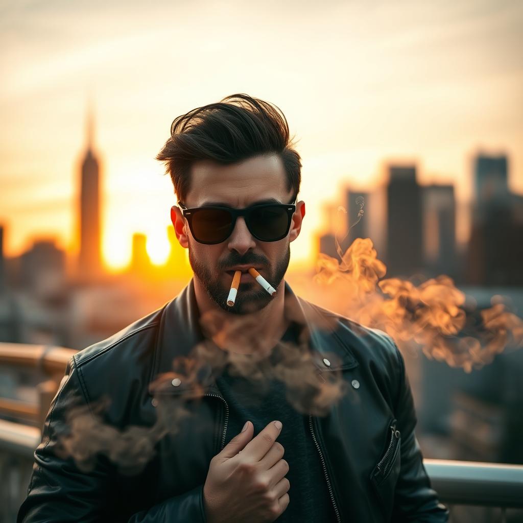 A man confidently smoking a cigarette, standing in an urban environment, with a stylish look that includes a leather jacket and sunglasses