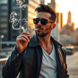 A man confidently smoking a cigarette, standing in an urban environment, with a stylish look that includes a leather jacket and sunglasses