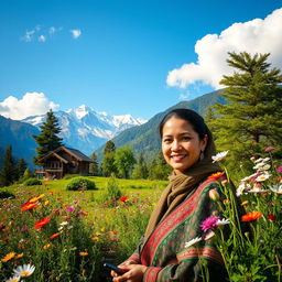 A beautiful portrait of a woman in traditional Kashmiri attire, surrounded by vibrant greenery and stunning Himalayan mountains in the background