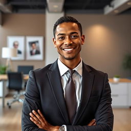 A formal portrait of a confident, well-dressed individual in a professional environment