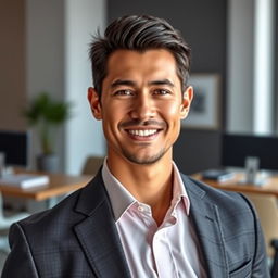 A formal portrait of a confident, well-dressed individual in a professional environment