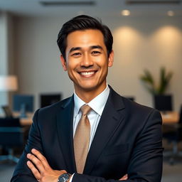 A formal portrait of a confident, well-dressed individual in a professional environment
