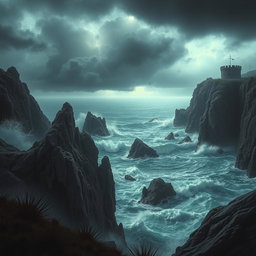 A dramatic scene depicting a dangerous and rugged landscape, featuring jagged cliffs, turbulent ocean waves crashing against sharp rocks, and ominous storm clouds gathering in the sky