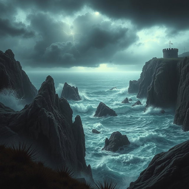 A dramatic scene depicting a dangerous and rugged landscape, featuring jagged cliffs, turbulent ocean waves crashing against sharp rocks, and ominous storm clouds gathering in the sky