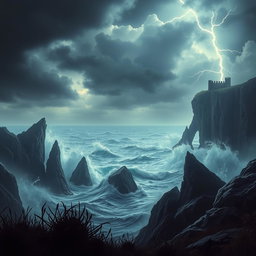 A dramatic scene depicting a dangerous and rugged landscape, featuring jagged cliffs, turbulent ocean waves crashing against sharp rocks, and ominous storm clouds gathering in the sky