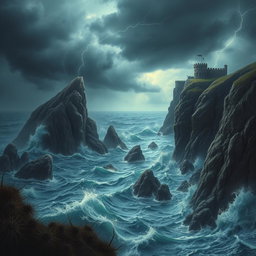 A dramatic scene depicting a dangerous and rugged landscape, featuring jagged cliffs, turbulent ocean waves crashing against sharp rocks, and ominous storm clouds gathering in the sky