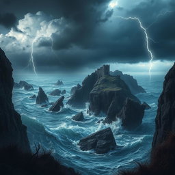 A dramatic scene depicting a dangerous and rugged landscape, featuring jagged cliffs, turbulent ocean waves crashing against sharp rocks, and ominous storm clouds gathering in the sky