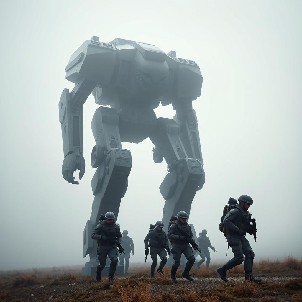 A cinematic photo of a 9-story tall mech robot walking through a foggy steppe, accompanied by several military soldiers dressed in mech suits