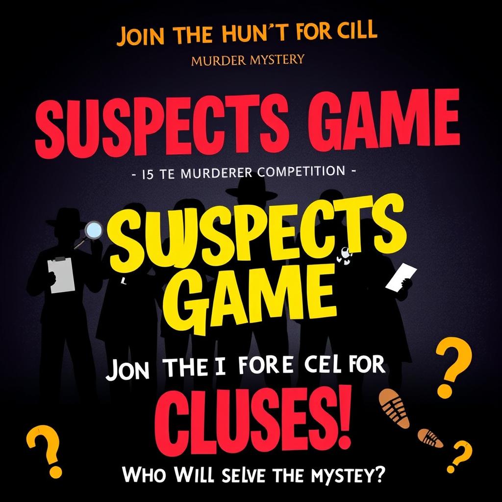 A vibrant and engaging poster for a competition in a murder mystery game called "Suspects Game"