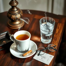 A cozy scene featuring a beautifully crafted wooden table, adorned with classic decorations