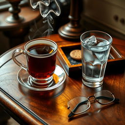 A cozy scene featuring a beautifully crafted wooden table, adorned with classic decorations