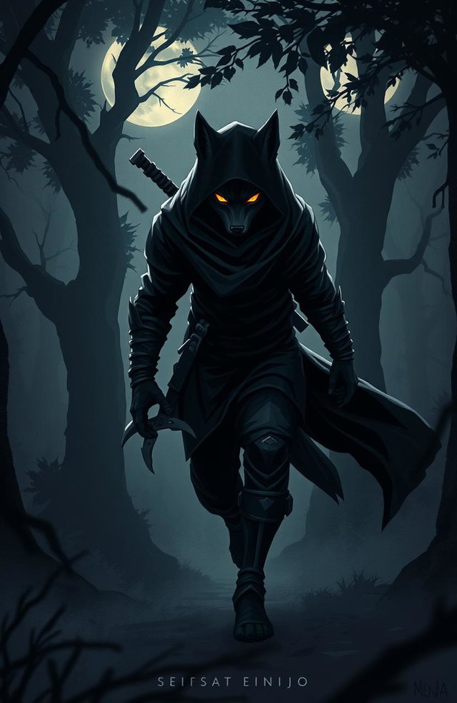 A dramatic illustration of a ninja wolf, embodying the concept of 'El Lobo en las Sombras' (The Wolf in the Shadows), stealthily moving through a dark, misty forest