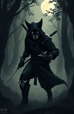 A dramatic illustration of a ninja wolf, embodying the concept of 'El Lobo en las Sombras' (The Wolf in the Shadows), stealthily moving through a dark, misty forest