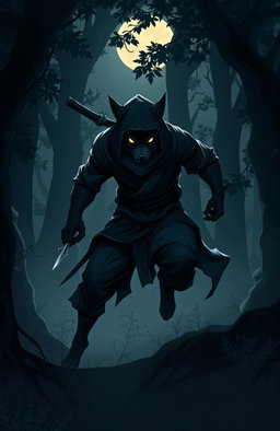 A dramatic illustration of a ninja wolf, embodying the concept of 'El Lobo en las Sombras' (The Wolf in the Shadows), stealthily moving through a dark, misty forest