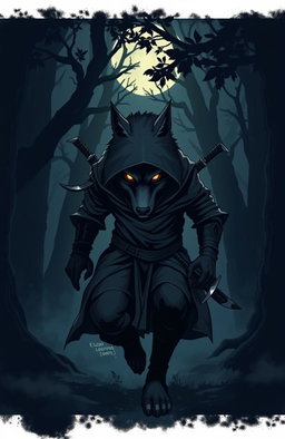 A dramatic illustration of a ninja wolf, embodying the concept of 'El Lobo en las Sombras' (The Wolf in the Shadows), stealthily moving through a dark, misty forest