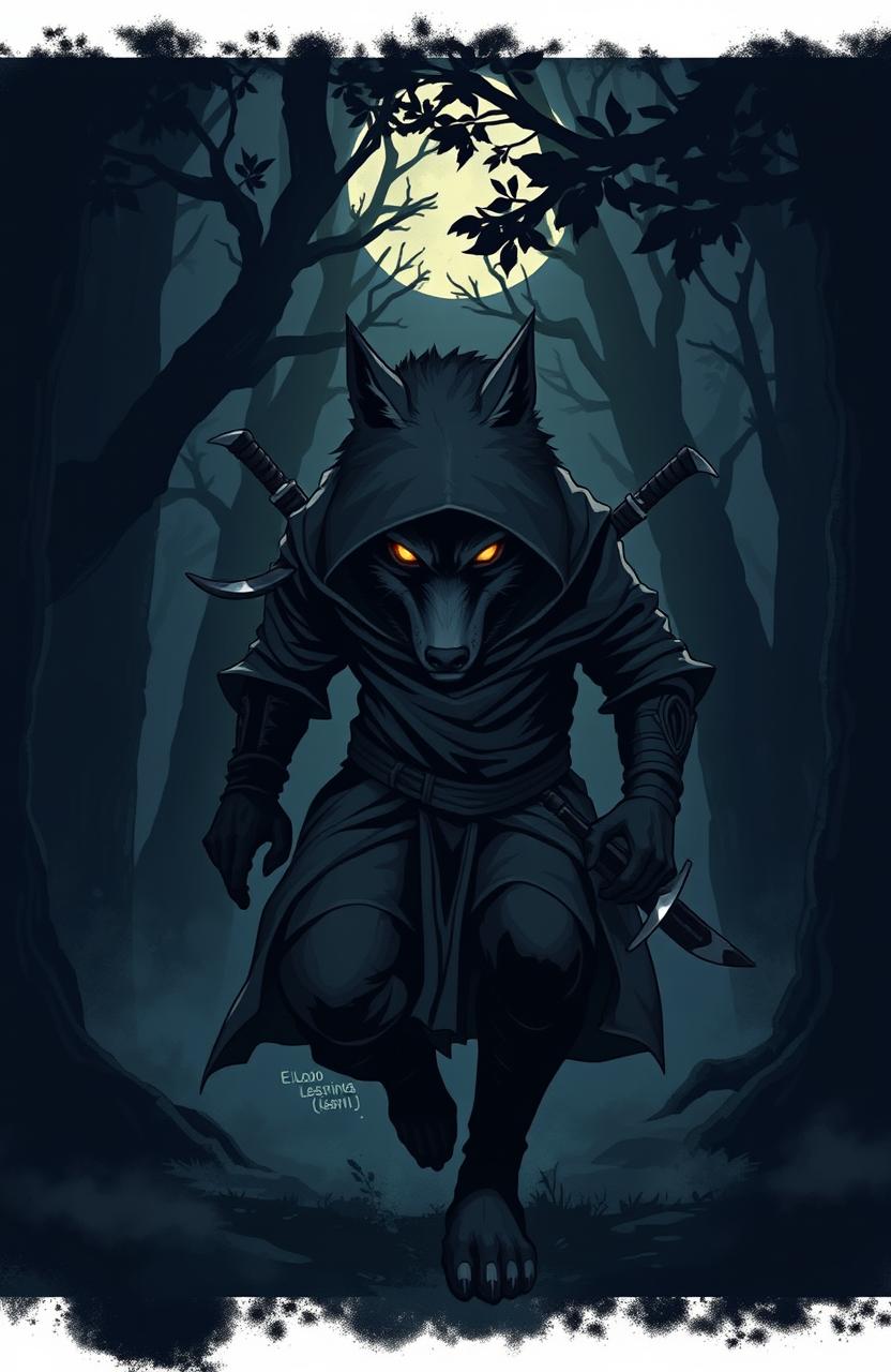 A dramatic illustration of a ninja wolf, embodying the concept of 'El Lobo en las Sombras' (The Wolf in the Shadows), stealthily moving through a dark, misty forest