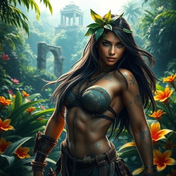 A highly detailed digital art depiction of a jungle woman reminiscent of Tomb Raider characters, featuring strong, athletic physique, long flowing hair adorned with leaves and tribal accessories