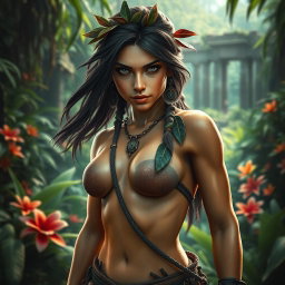A highly detailed digital art depiction of a jungle woman reminiscent of Tomb Raider characters, featuring strong, athletic physique, long flowing hair adorned with leaves and tribal accessories
