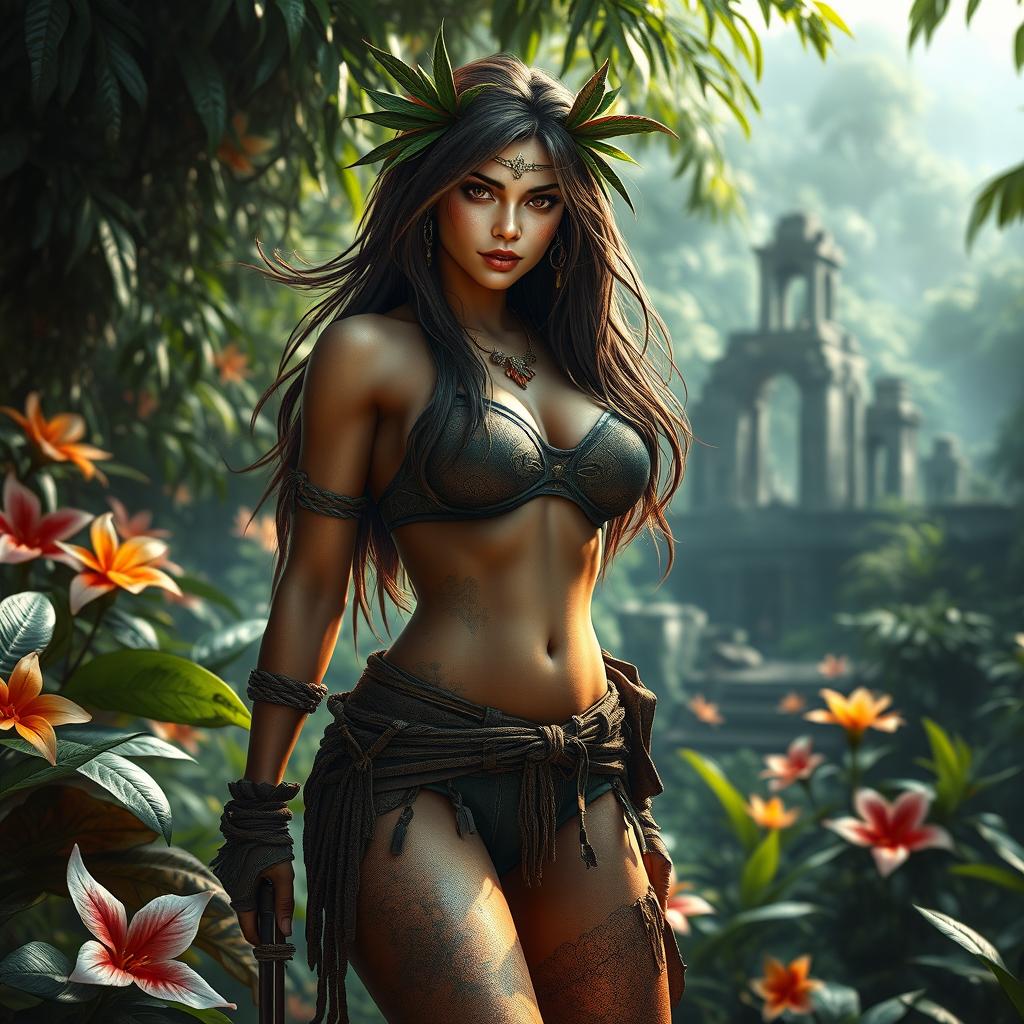 A highly detailed digital art depiction of a jungle woman reminiscent of Tomb Raider characters, featuring strong, athletic physique, long flowing hair adorned with leaves and tribal accessories
