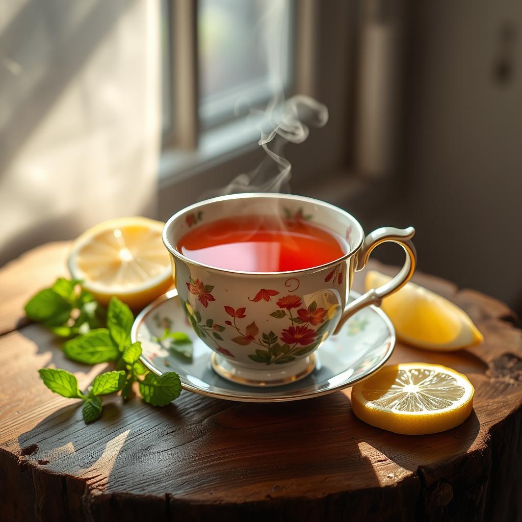 A beautifully arranged cup of tea placed on a rustic wooden table