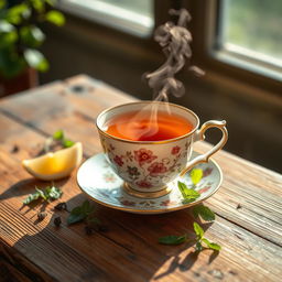 A beautifully arranged cup of tea placed on a rustic wooden table