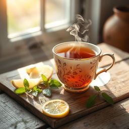 A beautifully arranged cup of tea placed on a rustic wooden table
