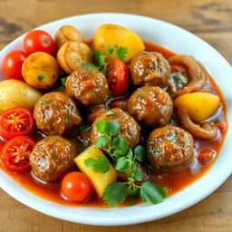 A delicious plate of traditional meatballs (كفتة) served in a vibrant sauce, accompanied by golden roasted potatoes, juicy ripe tomatoes, and sautéed onions