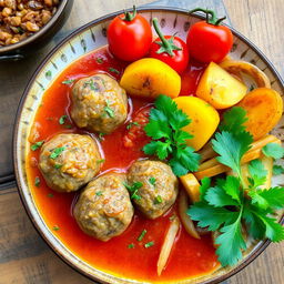 A delicious plate of traditional meatballs (كفتة) served in a vibrant sauce, accompanied by golden roasted potatoes, juicy ripe tomatoes, and sautéed onions
