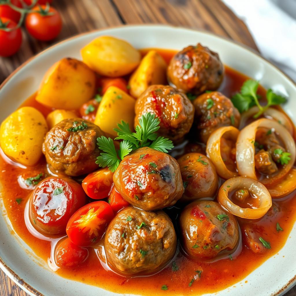 A delicious plate of traditional meatballs (كفتة) served in a vibrant sauce, accompanied by golden roasted potatoes, juicy ripe tomatoes, and sautéed onions