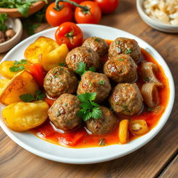 A delicious plate of traditional meatballs (كفتة) served in a vibrant sauce, accompanied by golden roasted potatoes, juicy ripe tomatoes, and sautéed onions