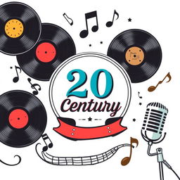 A music label design featuring iconic elements from the 20th century, with a clean white background
