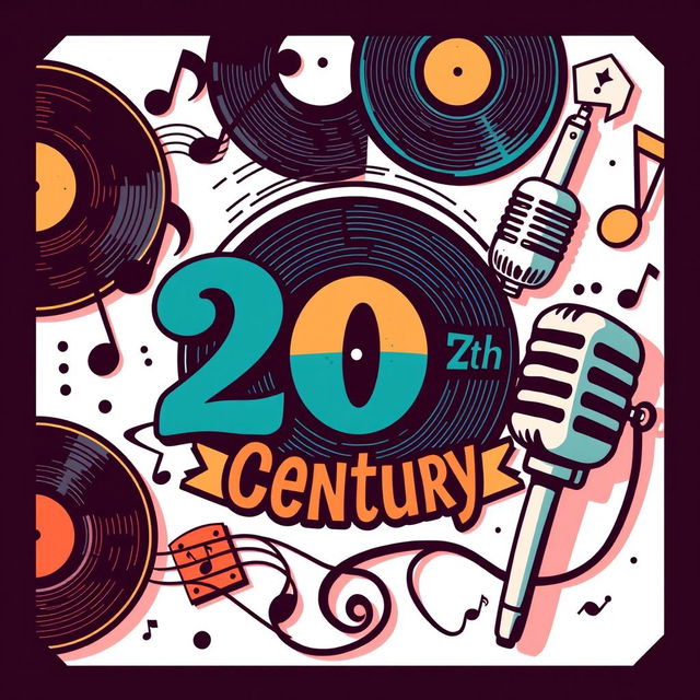 A music label design featuring iconic elements from the 20th century, with a clean white background