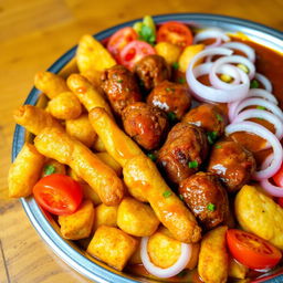 A beautifully arranged serving tray featuring finger-shaped kofta, golden fried potatoes, vibrant red tomatoes, and sliced onions, all drizzled with a rich and flavorful sauce