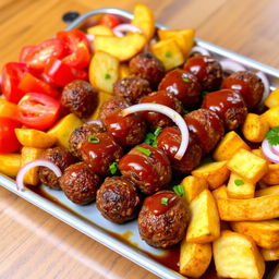 A beautifully arranged serving tray featuring finger-shaped kofta, golden fried potatoes, vibrant red tomatoes, and sliced onions, all drizzled with a rich and flavorful sauce