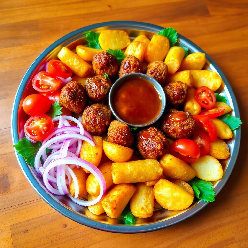 A beautifully arranged serving tray featuring finger-shaped kofta, golden fried potatoes, vibrant red tomatoes, and sliced onions, all drizzled with a rich and flavorful sauce